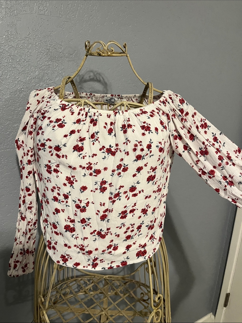 Hollister White Off-Shoulder Top with Red Floral Print